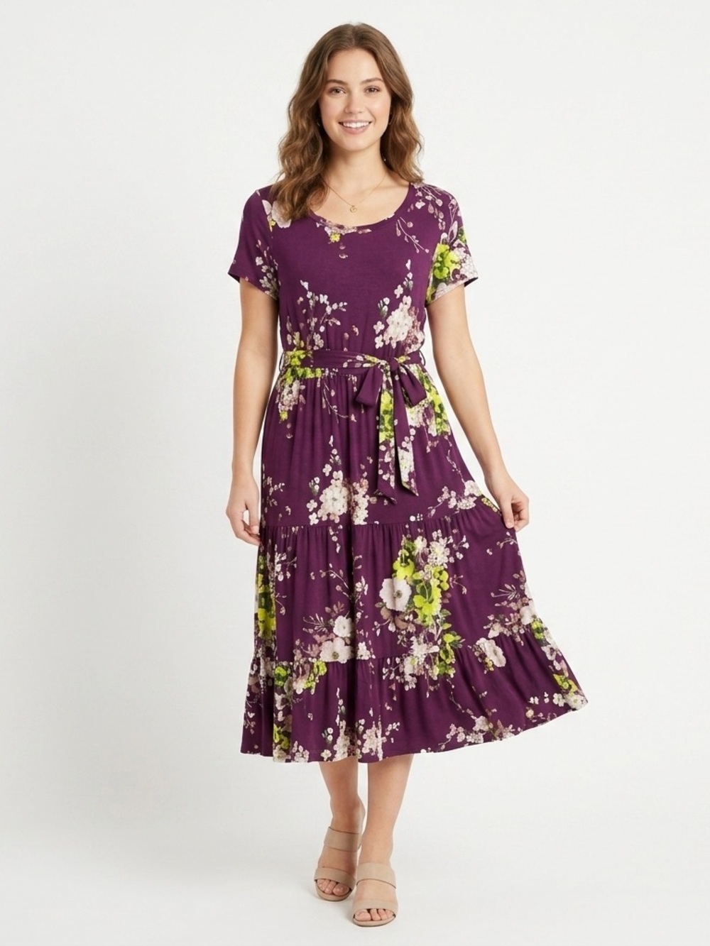 Torrid Purple Floral Midi Dress Short Sleeve Tiered Self Tie Waist Large
